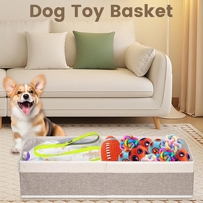 Large Dog Toy Basket With Handle, Foldable Dog Toy Box for Living Room Area, 28.5" Basket for Dog's Toys, Clothes, Organizers and Storage with Hard Board, Anti-slip for Pet Toys (Brown, Large)