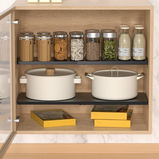 Expandable Closet Tension Shelf Organizers, Cabinet Rack Storage for Wardrobe Divider Shelves Pantry Cupboard Kitchen (2 Pack, W11.81 x L: 17" to 31")