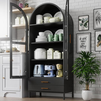 Metal Arched Pantry Cabinet with 2 Drawers and Glass Doors,Black Arched Bookcase with 2 Adjustable Shelf for Kitchen Home Office,Installation Required,Black
