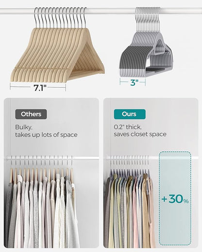 SONGMICS Pack of 100 Coat Hangers, Space-Saving Plastic Clothes Hangers, Non-Slip, 0.2 Inches Slim, 16.5 Inches Wide, 360° Swivel Silver Hook, Light and Dark Gray UCRP020G010
