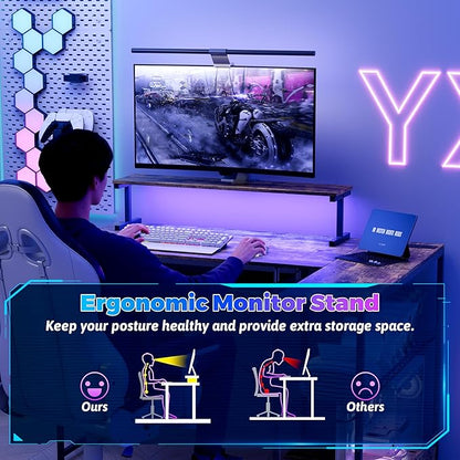 Computer Desk, L Shaped Gaming Desk with Monitor Stand & Storage Shelf & LED Light & USB Power Outlet, Reversible Shelves Corner Table with Keyboard Tray for Gaming, Home Office, Study