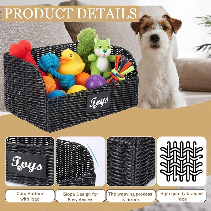 Dog Toy Basket Large Foldable Portable Rattan Dog Toy Storage Organizer for Living Room Bedroom Entryway Floor Corner Pet Toys Basket with Label, Dogs Toys Bin for Cats, Dogs and Pets-Black