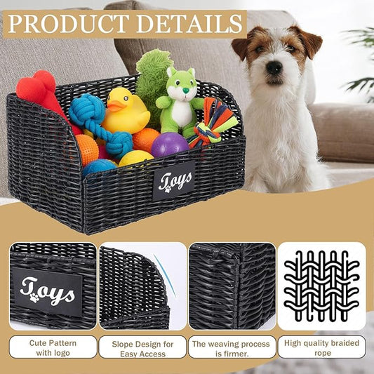Dog Toy Basket Large Foldable Portable Rattan Dog Toy Storage Organizer for Living Room Bedroom Entryway Floor Corner Pet Toys Basket with Label, Dogs Toys Bin for Cats, Dogs and Pets-Black