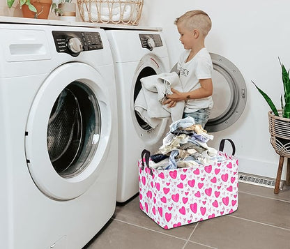 Rectangle Gift Storage Basket Home Shelf Storage Basket Organizer Box Clothes Laundry Hamper Nursery Basket Laundry Basket with Handles (Heart)