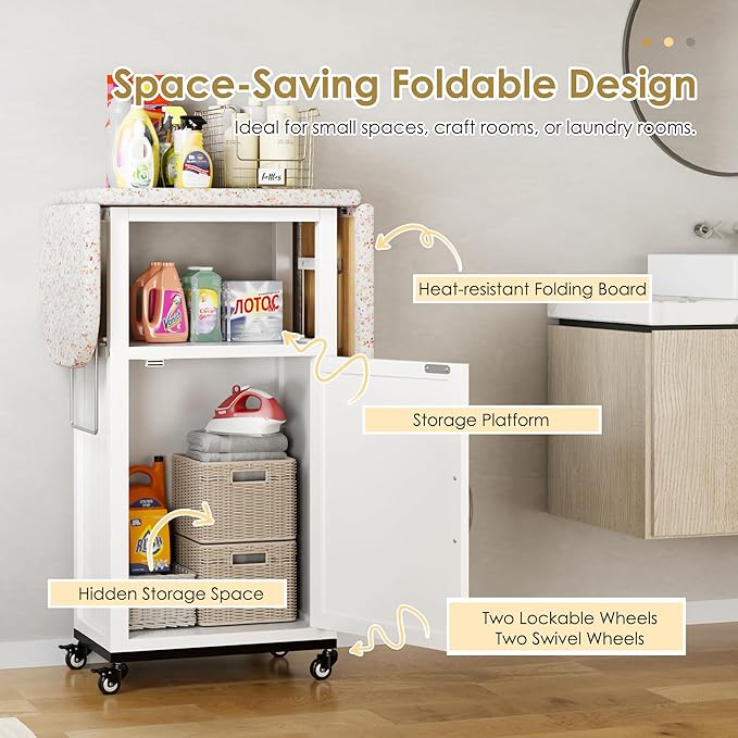 Rolling Ironing Board with Storage Cabinet, Folding Ironing Board with Wheels, Craft Table with Storage, Wooden Fold Down Ironing Station with Heat-Resistant Sponge(White with Wheels)