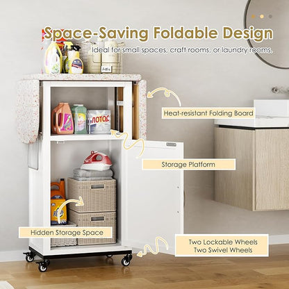 Rolling Ironing Board with Storage Cabinet, Folding Ironing Board with Wheels, Craft Table with Storage, Wooden Fold Down Ironing Station with Heat-Resistant Sponge(White with Wheels)