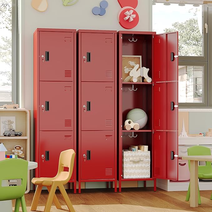 Metal Locker with Hooks and Ventilation Holes,Metal Storage Locker with Keys and Business Card Slot for Home,Gym,Garage,School,Office,66" H x 15.75" W x 15.75" D,Assembly Required,Red