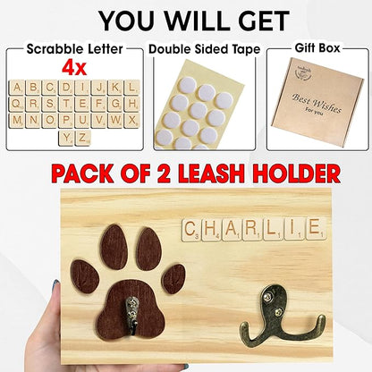 2 Pack Dog Leash Holder Wall Mount, Pet Harness Hanger with Scrabble Letters, Dog Collar Organizer for Entryway, Cat Leash Holder for Wall, Pet Loss Gifts, Keepsake, Home Decor PF218-CBN