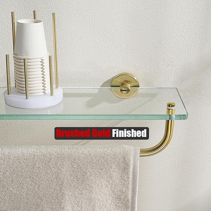 JQK Bathroom Glass Shelf, Shelf with 19 Inch Towel Bar Tempered Glass Shower Storage 20 by 5 inches, 304 Stainless Steel Brushed Gold Wall Mount, TGS100L20-BG