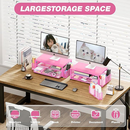 OPNICE Desk Organizer and Accessories, 2-Tier Computer Monitor Stand with Drawer and 2 Pen Holders, Laptop Stand, Office Desk Accessories for Office Supplies, Carmine Rose