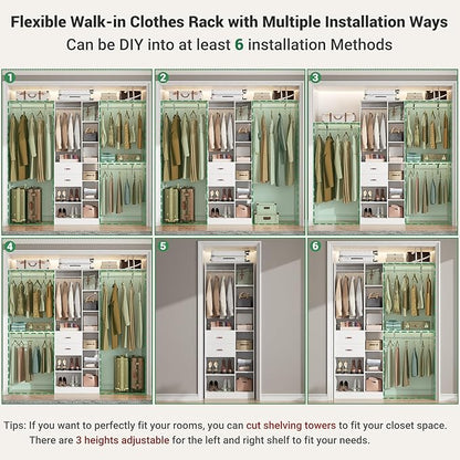 Upgraded 96 Closet System with 18 Storage Place, 8FT Closet Organizers System with 13 Shelves and 2 Wooden Drawers, 96'' Walk-in Closet with 4 Hanging Rods, Adjustable Garment Rack, White