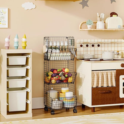 Sonyabecca Outdoor Toy Storage Basket, Play Kitchen Organizer with 5 S-Hooks,3 Tier Rolling Storage Cart Garage, Pantry Floor Snack Cart with Wheels,Toy Shelf Dog Storage Organizer Kids Bookshelf