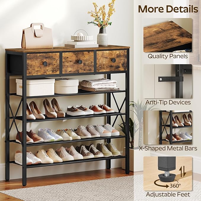 5-Tier Shoe Rack with 3 Drawers, Metal Shoe Organizer for 20 Pairs with Storage Shelves and Wooden Top, for Entryway, Hallway, Foyer, Closet, Rustic Brown and Black SS35BR