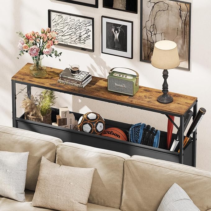47.2'' Console Table, 9.5" D Entryway Table with Storage Basket, Narrow Sofa Table, Behind Couch Table for Hallway, Foyer, Corridor, Living Room, Rustic Brown