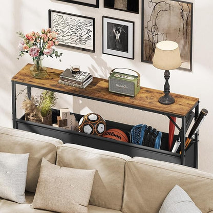 47.2'' Console Table, 9.5" D Entryway Table with Storage Basket, Narrow Sofa Table, Behind Couch Table for Hallway, Foyer, Corridor, Living Room, Rustic Brown