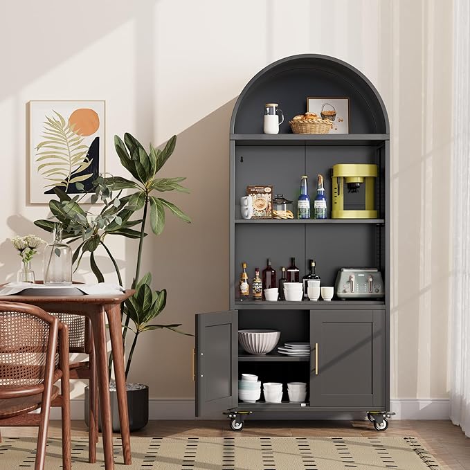 Metal Arched Bookcase with Wheels, Black Arched Bookshelf with 2 Adjustable Shelf for Home Office Living Room,Required Assembly