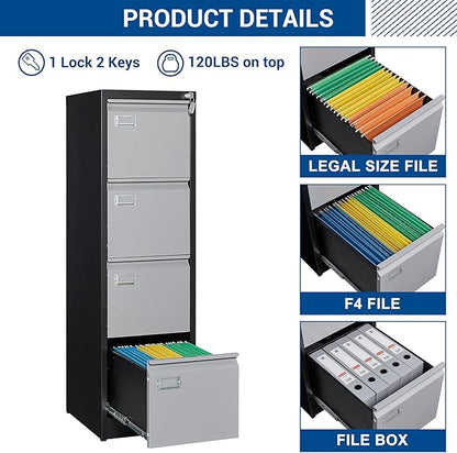 File Cabinets - 4 Drawers Vertical 17.8" Deep Lockable Filing Cabinet - Black & Gray Metal Storage Cabinets for Home Office to Hanging Files Letter/Legal/F4/A4 Size