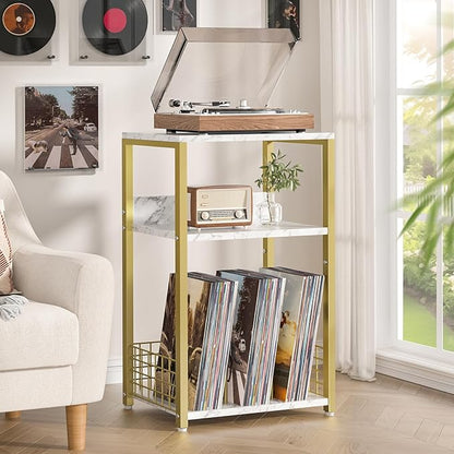 LELELINKY Large White Marble Record Player Stand with Golden Metal Frame, 3 Tier 18" Wide Big End Table with Vinyl Storage Up to 130 Albums, Industrial Turntable Printer Tables for Living Room, Office