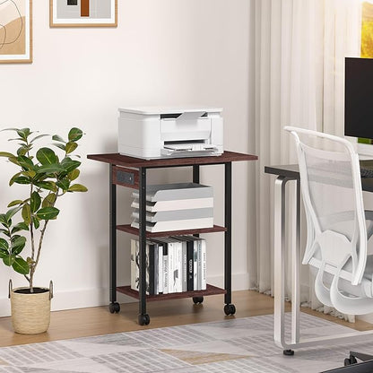 Lerliuo 3-Tier Printer Stand with Charging Station, Industrial Mobile Printer Table with Storage Shelf and Steel Frame, Rolling Printer Cart Holder with Lockable Wheels for Home, Office (Walnut)