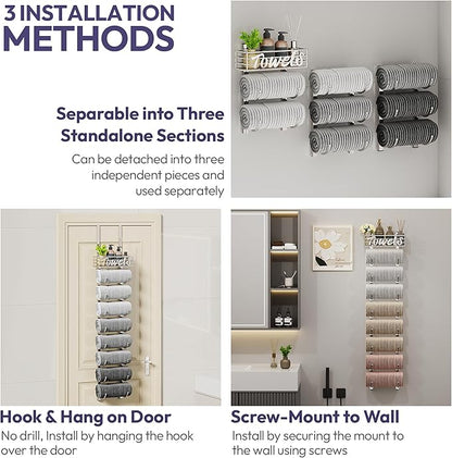 SWTYMIKI Hanging Towel Racks for Bathroom - 9 Tier Over The Door & Wall Mounted Bath Rolled Towel Storage Organizer Holder for Small Bathroom, RV, Camper (Polished Nickel, 9-Tier)