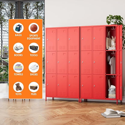 Aobabo New 9 Doors Metal Storage Locker for Employees, Lockable Steel Locker with Name Card Slot and 27 Hooks for School Office Gym Garage, Red, Assembly Required