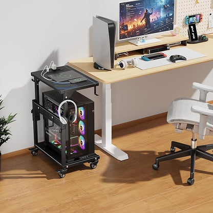 Computer Tower Stand with Power Outlet, 6 Level Height Ajustable PC Tower Stand for Floor, Mobile Rolling CPU Holder Cart for Gaming, Office, Home, 21.34"-28.3", Black