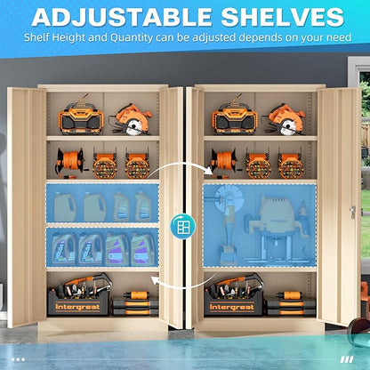 Bonusall Mental Garage Cabinets with 2 Door and 4 Shelves, Locking Cabinet with for Tool，Tall Garage Storage Cabinets for Home Office, Warehouse，School(Grey)