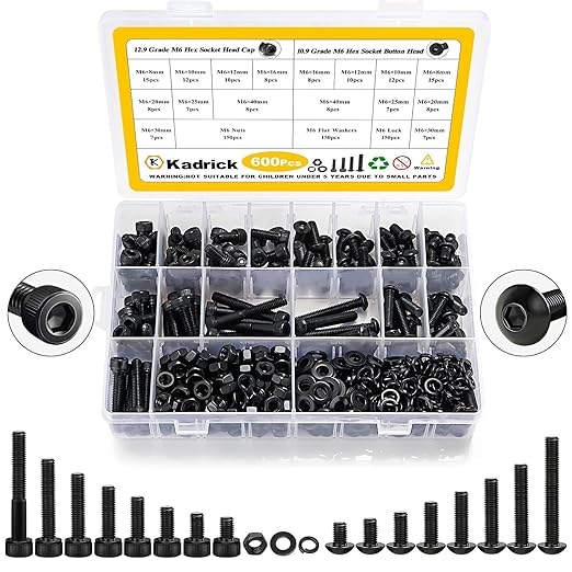 Kadrick Metric Screws Assortment,600 Pcs M6 Screws Nuts Washers Assortment M6x8MM-40MM, Hex Socket Button & Cap Head M6 Machine Bolts Kit, 12.9 & 10.9 Grade Alloy Steel Black