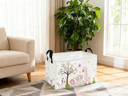 Essme Rectangular Animal Baskets,Pink Storage Basket with Handles for Girls Room Decor,Cute Storage Bin（Pink animal）