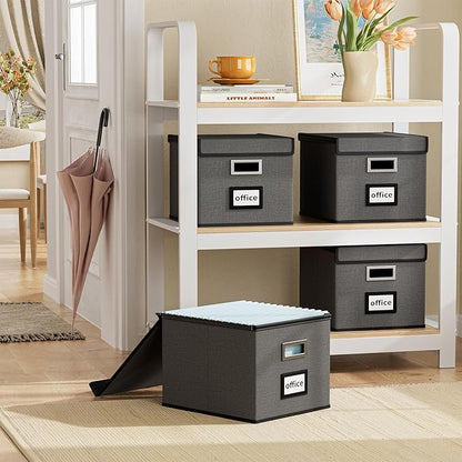 Huolewa File Organizer Box with Lid, Collapsible File Folder Organizer for Office Document Storage, Filing Box with Plastic Slide for Letter/Legal Size Hanging Files, Dark Grey