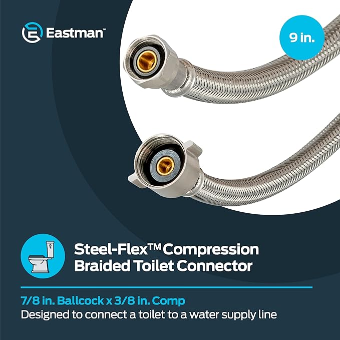 Eastman 9 Inch Flexible Toilet Connector, 7/8 Inch Ballcock x 3/8 Inch Compression, Stainless Steel Braided Hose, 48087 (Pack of 2)