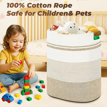 Laundry Basket with Handles - Blanket Basket & Hampers for Bedroom Aesthetic, Laundry Hamper & Blanket Storage for Living Room, Clothes Hamper, Tall, Large 17" x 14" x 22”, Light Brown & White