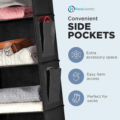 Handy Laundry Hanging Closet Organizer - 6 Shelf Storage for Clothes, Sweaters, Shoes & Accessories - Space-Saving Wardrobe Shelves with Hooks for Dorm, RV & Small Closet Organization (Black)