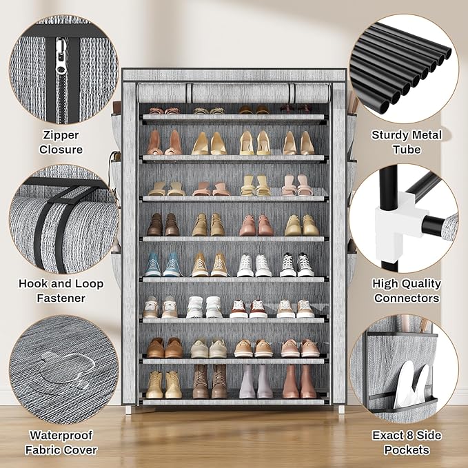 Shoe Rack with Cover, 8 Tier Tall Shoe Organizer Storage for 36-45 Pair Shoes and Boots Large Shoe Storage Shelf Free Standing Shoe Rack for Closet, Front Door Entrance, Dorm, Garage, Printing