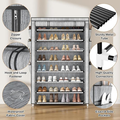 Shoe Rack with Cover, 8 Tier Tall Shoe Organizer Storage for 36-45 Pair Shoes and Boots Large Shoe Storage Shelf Free Standing Shoe Rack for Closet, Front Door Entrance, Dorm, Garage, Printing