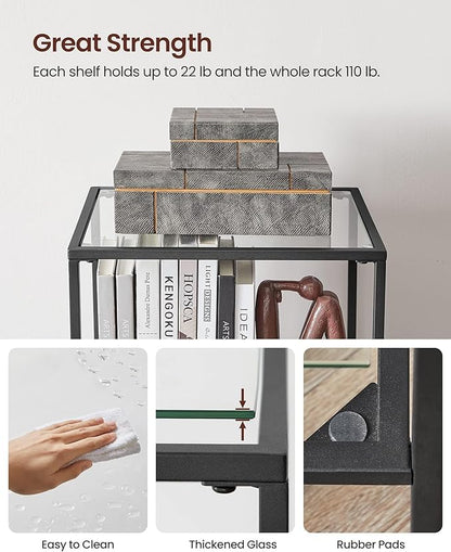 VASAGLE Bookcase, 5-Tier Bookshelf, Slim Shelving Unit for Bedroom, Bathroom, Home Office, Tempered Glass, Steel Frame, Ink Black ULGT029B61