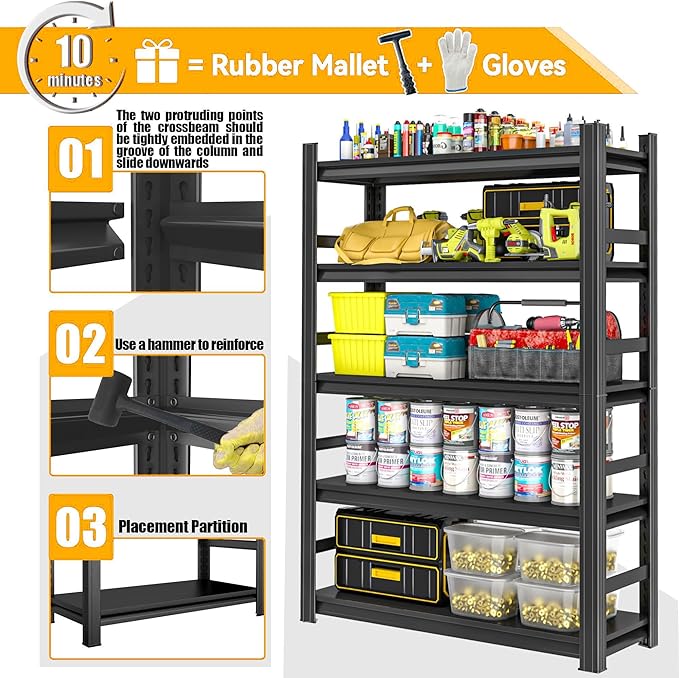 Heavy Duty Garage Shelving Unit, 5-Tier Adjustable Metal Storage Shelves, 3000LBS Load Capacity Shelf for Garage & Basement, Tool Organization, High - Capacity Storage Solution, 48" W, Black