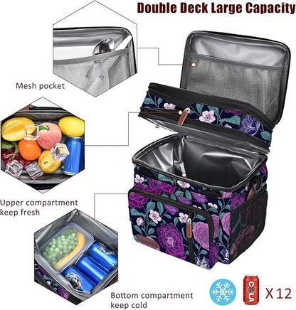 MIYCOO Lunch Bag & Lunch Box for Women Men, Double Deck Leakproof Insulated Soft Large Adult Camping Cooler bag for Work, Beach, Picnic, Travel (Purple Flower, 15L)