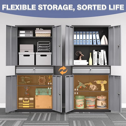 Metal Storage Cabinet with Drawer, Garage Storage Cabinet with Locking Doors and Adjustable Shelves for Garage, Home Office,Warehouse