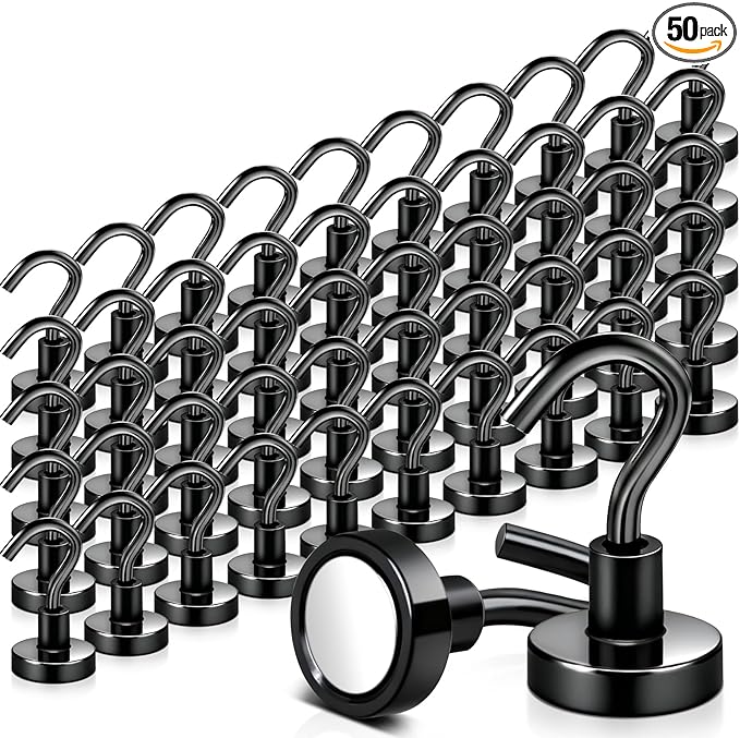 MAGXCENE 50 Pack Magnetic Hooks Heavy Duty, Strong Magnet Hooks for Cruise Refrigerator, Neodymium Magnets with Hooks for Grill Hanging Kitchen Tool Storage, Black