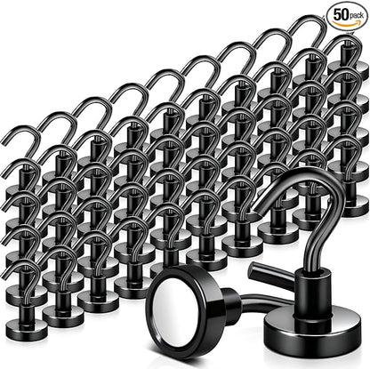 MAGXCENE 50 Pack Magnetic Hooks Heavy Duty, Strong Magnet Hooks for Cruise Refrigerator, Neodymium Magnets with Hooks for Grill Hanging Kitchen Tool Storage, Black