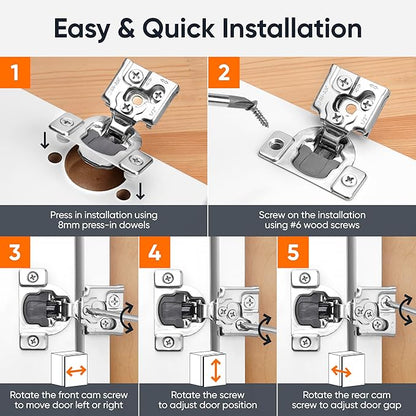 Decobasics 4 Pack Soft Close Cabinet Hinges – 1/2" Overlay for Kitchen Cabinet Doors, Slow Self-Closing Concealed Hidden Hinges for Face Frame –Stainless Steel, 3-Way Adjustable & Quiet Close Damper