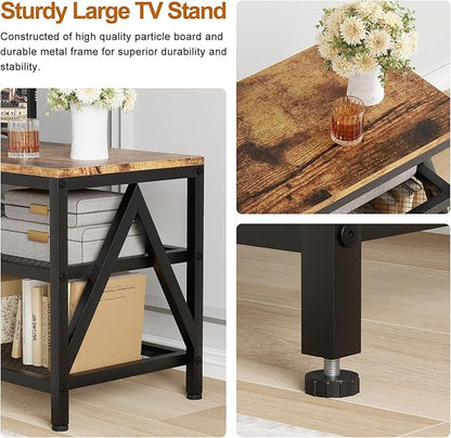 TV Stand for TVs up to 75 Inch, 70" Long Industrial TV Console Table with 3-Tier Storage Shelves, Entertainment Center for Living Room, Bedroom (Brown)