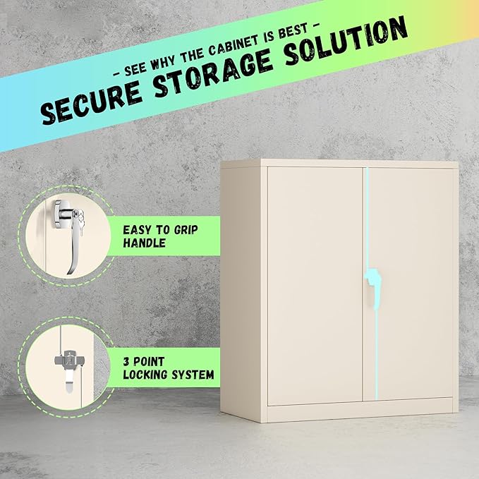 Bonusall Metal Garage Storage Cabinet, 36" H Locking Cabinets with 2 Adjustable Shelves,2 Door Small Pantry Storage for Home Office, Kitchen, Bathroom(Grey)