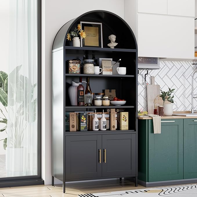 Arched Bookcase with 2 Adjustable Shelves,Black Arched Cabinet for Living Room, Home,Required Assembly,Black,17.7" D x 35.5" W x 78.8" H