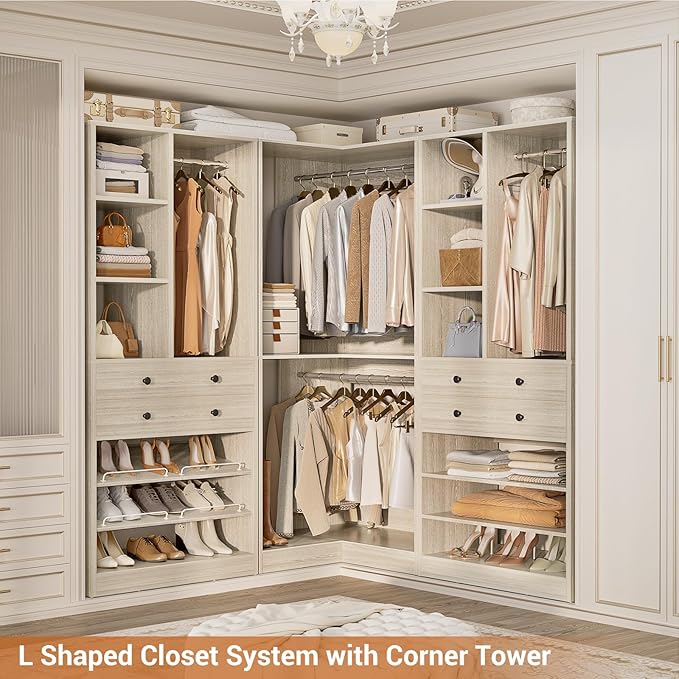 Closet System with 4 Drawers and Hanging Rods, 59.5"L / 87"L Closet Organizer System with Corner Tower, L Shaped Walk-in Closet System, Corner Closet System with Shelves, Set of 3, Greige Oak