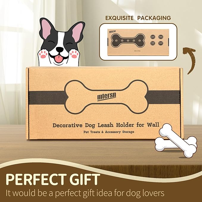 MTERSN Farmhouse Dog Leash Holder for Wall – Dog Stuff Organizer and Dogs Bone Key Holder Wall Mount with 3D Puppy Paw Hooks - Cute Stuff for Pet Lover Gifts (Acacia Wood)