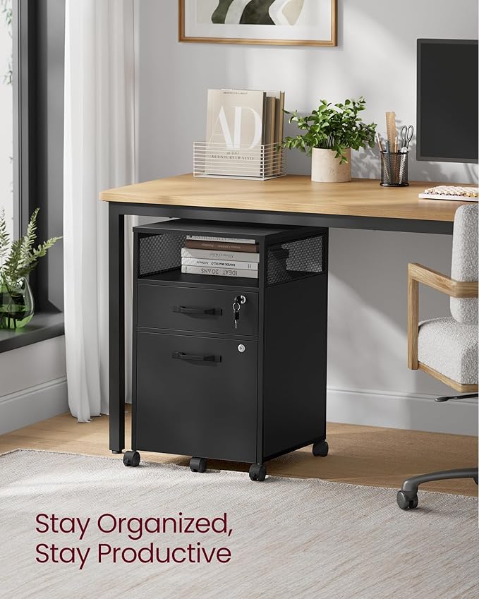 VASAGLE File Cabinet, Mobile Filing Cabinet with Wheels, 2 Lockable Drawers, Open Shelf, for A4, Letter Size, Hanging File Folders, Ink Black UOFC077B16