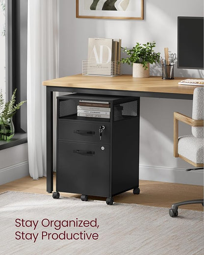 VASAGLE File Cabinet, Mobile Filing Cabinet with Wheels, 2 Lockable Drawers, Open Shelf, for A4, Letter Size, Hanging File Folders, Ink Black UOFC077B16