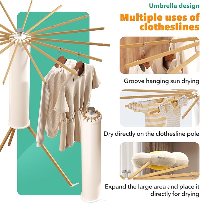 Tripod Clothes Drying Rack, Laundry Drying Rack for Clothing, Foldable Collapsible Space-Saving Umbrella Dryer with 16 Rods, Floor Standing Rack for Indoor Outdoor Use, Wooden